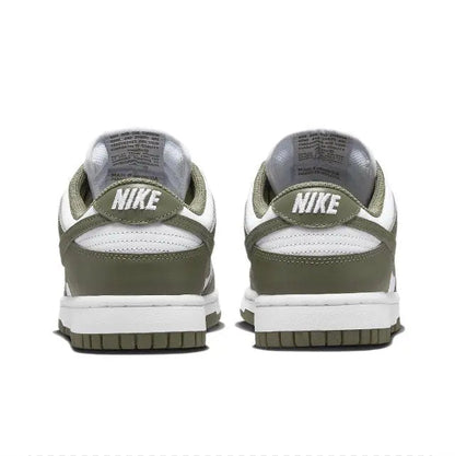 Olive and white low-top sneaker back view with NIKE logo on heel