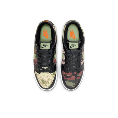 Nike Dunk Low sneakers with black laces, multicolor camo toe, orange tongue logo