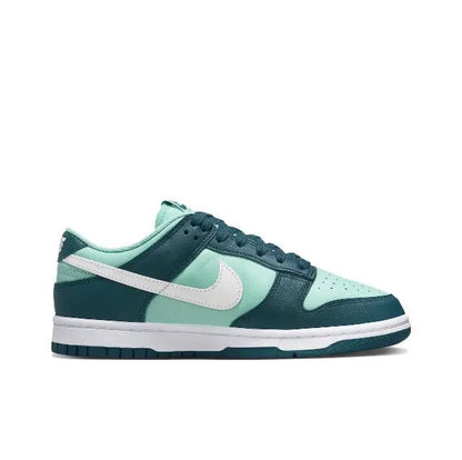 Nike Dunk Low angled side sneaker, teal upper and white swoosh detail
