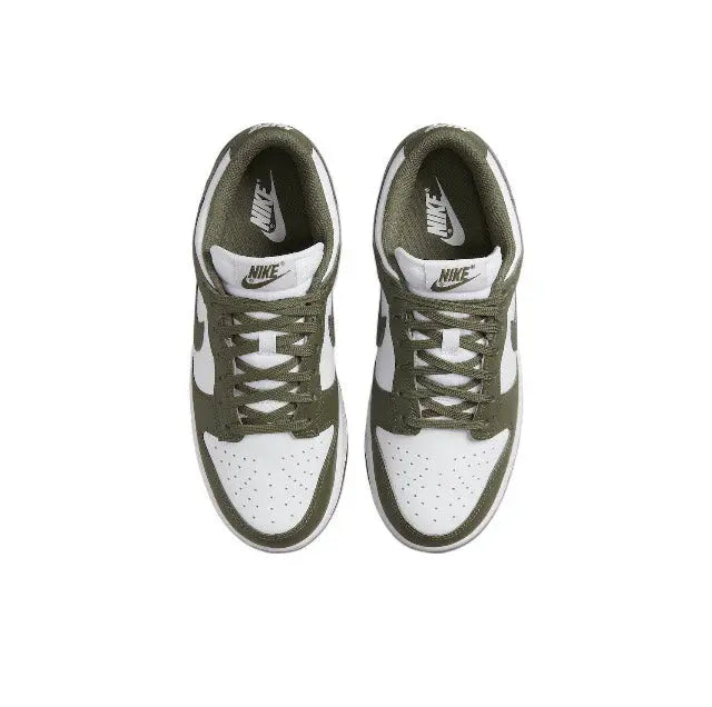 Olive and white low-top sneaker top view with lace-up and Nike Swoosh