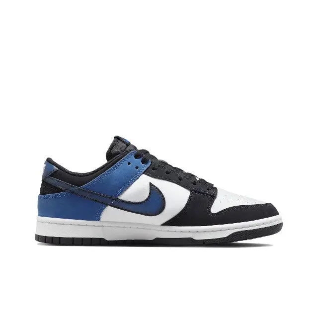 Nike Dunk Low low-top sneaker side profile, blue overlay, white panels, black toe