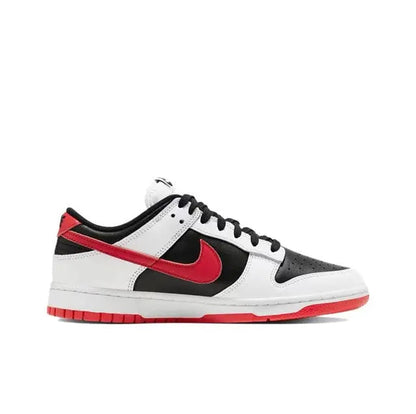 Low-top sneaker side profile with white leather, black overlays, and red swoosh detail