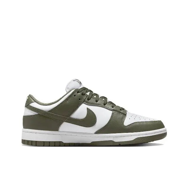 Olive and white low-top sneaker side view with Swoosh and lace-up