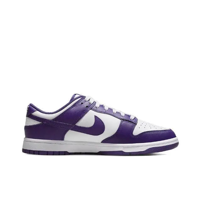 Nike Dunk Low low-top sneaker, court purple and white colorblocking, side view.