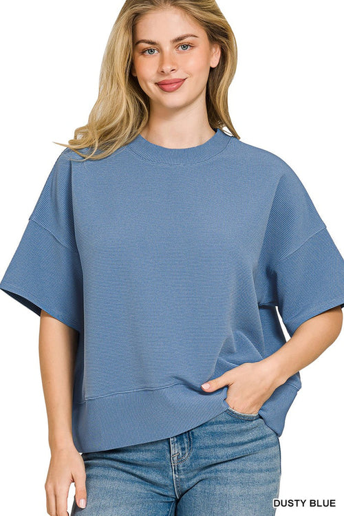 Dusty blue ribbed crew-neck T-shirt with short sleeves
