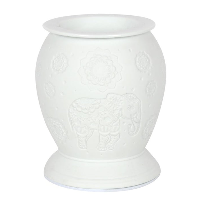 elephant wax burner front view showing decorative elephant pattern and smooth ceramic finish