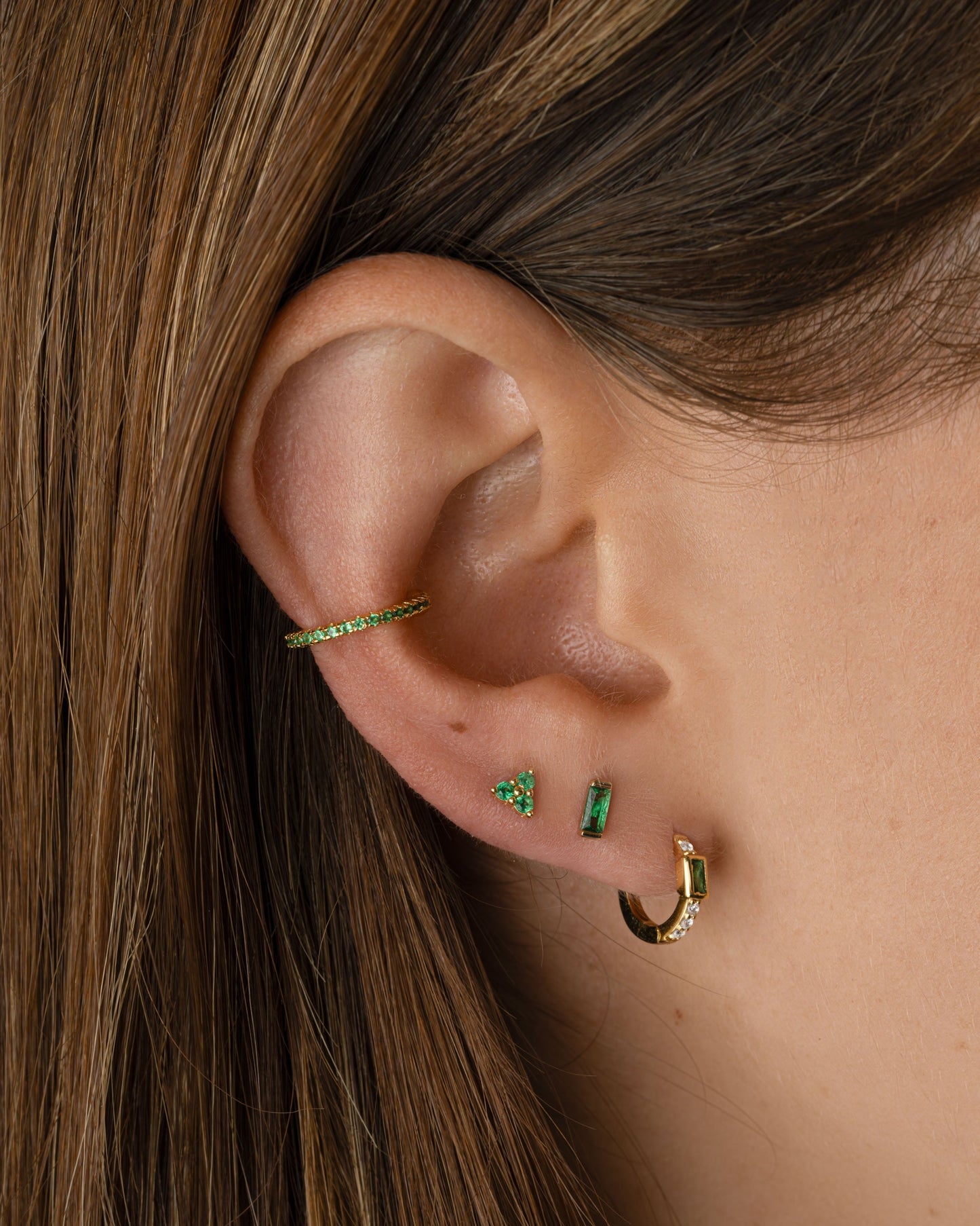 Tiny Emerald 3 Stone Studs