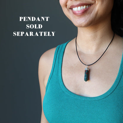 sheila of satin crystals wearing Faux Black Leather Cord with pendant sold separately