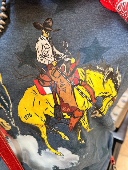Denim blue western graphic T-shirt with cowboy rider on yellow bronc