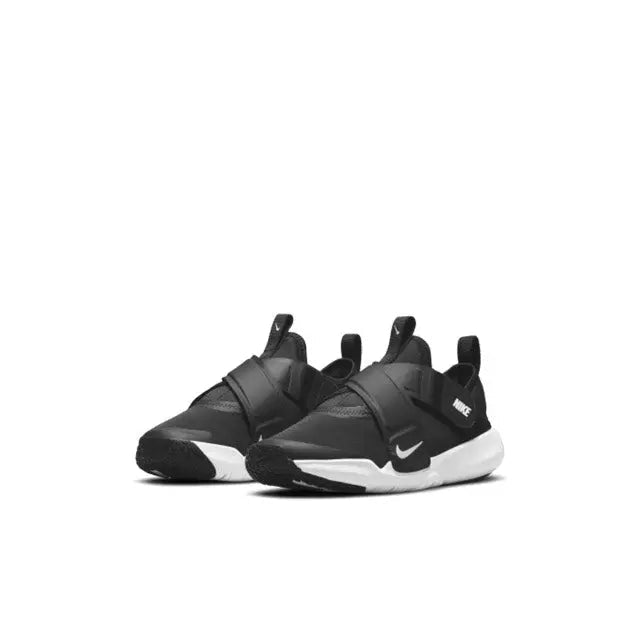 Black Nike Flex Advance sneakers, angled view with side swoosh and white sole
