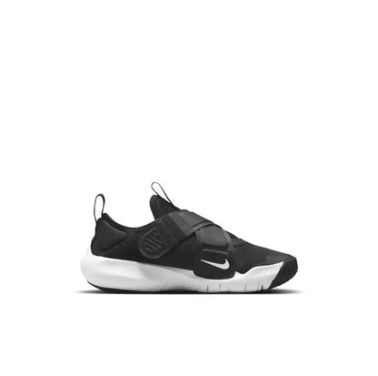 Black Nike Flex Advance sneakers, front 3/4 view with strap and white sole