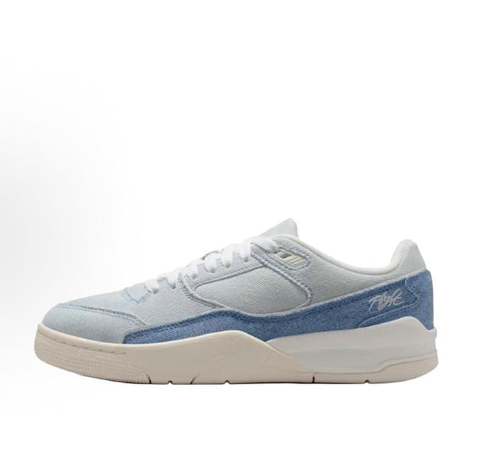 Light blue and white low-top sneakers with lace-up front and blue side panel.