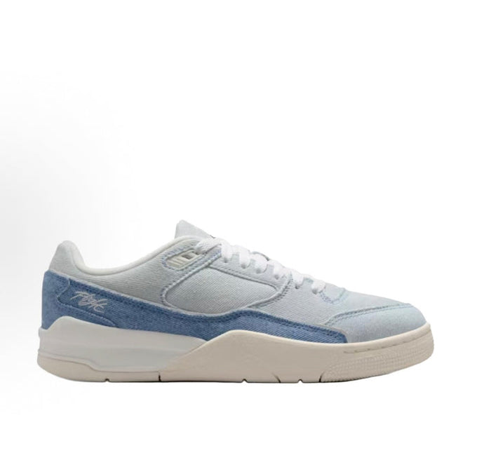 Light blue low-top sneakers with white laces, blue trim, and off-white sole.