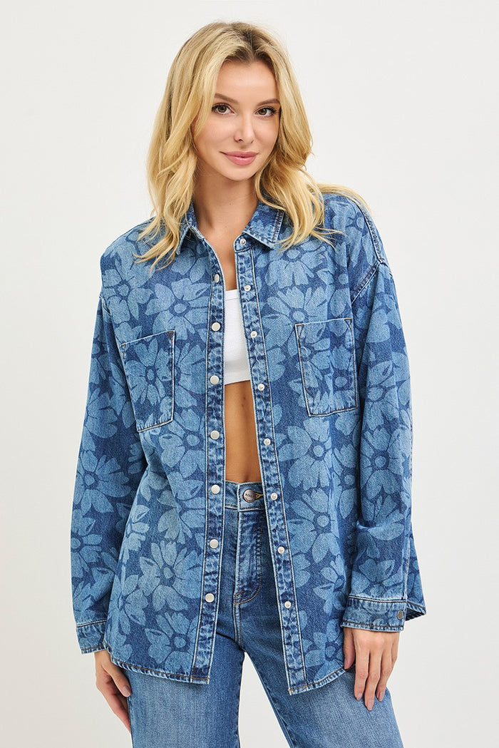 Blue floral print denim snap-front shirt with button snaps and chest pockets