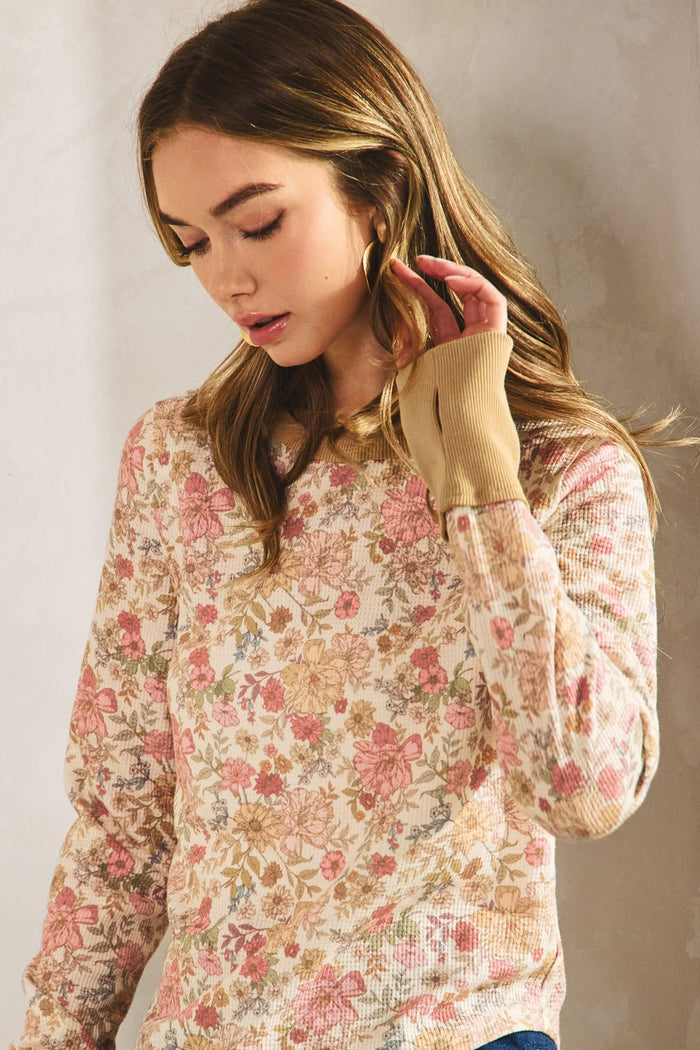 Floral thermal long sleeve T-shirt with cream base and pink floral pattern