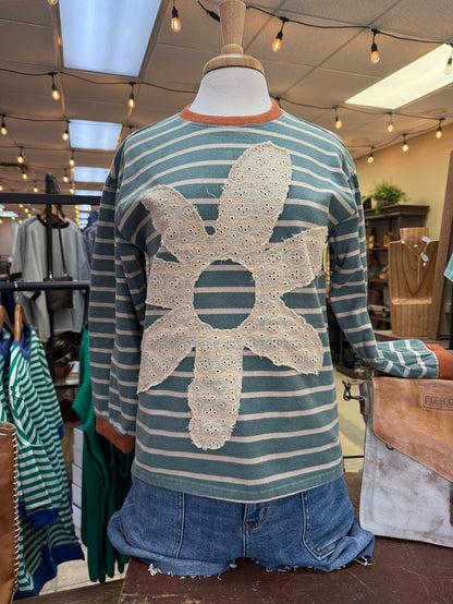 Striped sweatshirt with large white lace floral patch on back, long sleeves