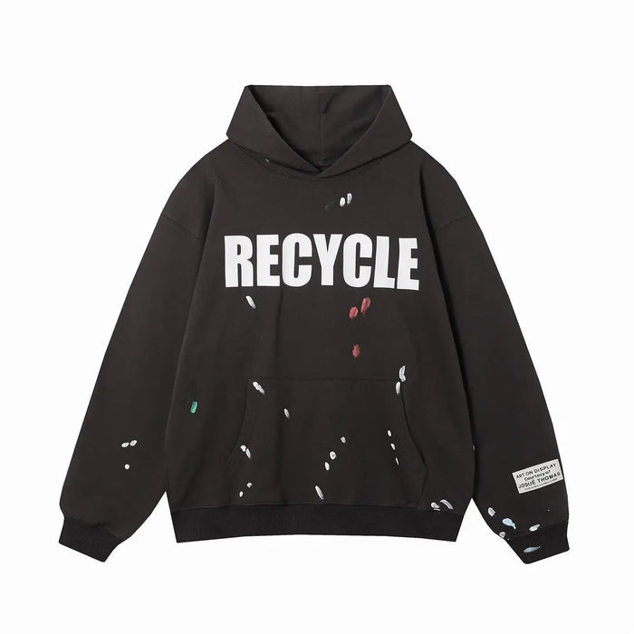Black Gallery Dept recycle hoodie with front RECYCLE print and splatter detail