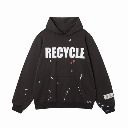 Black Gallery Dept recycle hoodie with front RECYCLE print and splatter detail