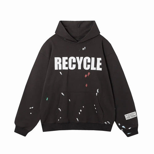 Black Gallery Dept recycle hoodie with front RECYCLE print and splatter detail