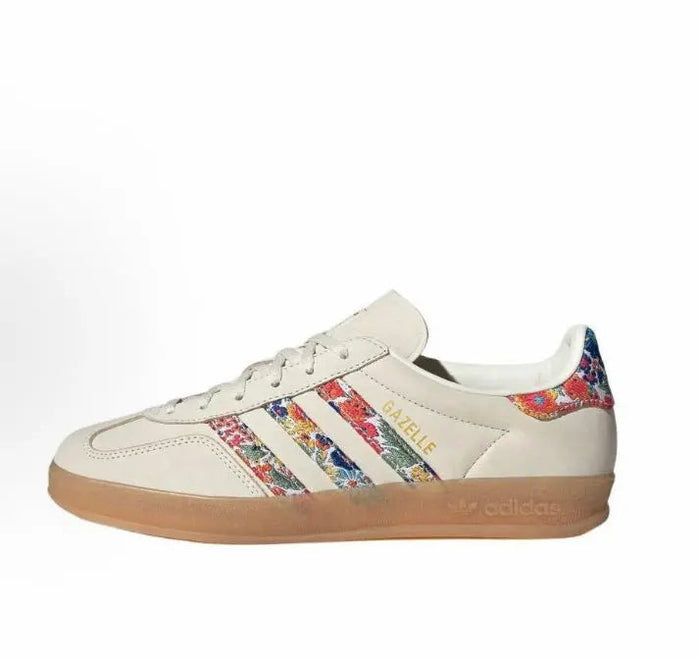 Adidas Gazelle Indoor sneakers in cream leather with floral 3-Stripes and gum sole