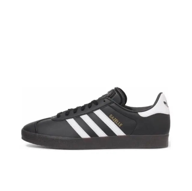 Adidas Gazelle Indoor sneakers, black leather with white triple stripes and lace-up