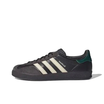 Adidas Gazelle Indoor low-top sneakers with dark suede, cream stripes, green heel tab