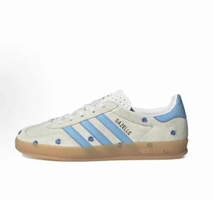 Adidas Gazelle Indoor low-top sneakers in beige with light-blue stripes and gum sole