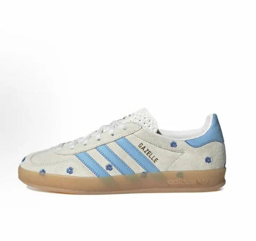 Adidas Gazelle Indoor low-top sneakers in beige with light-blue stripes and gum sole