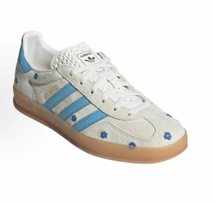 Adidas Gazelle Indoor sneakers, off-white/beige suede with blue stripes and gum outsole