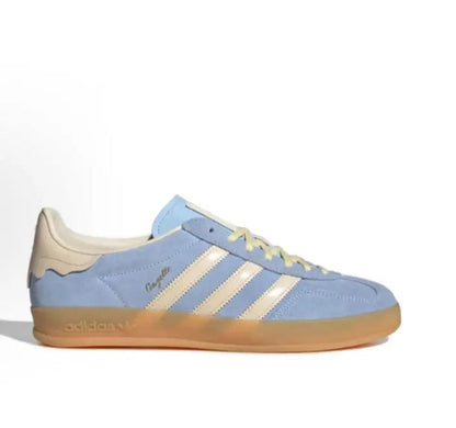 Gazelle Indoor sneaker, light blue suede panels with beige heel and tan gum sole