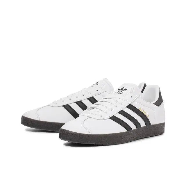 Adidas Gazelle Indoor sneakers, white leather with black stripes and lace-up front