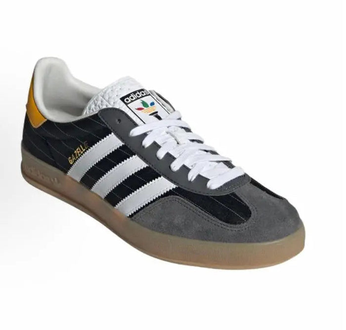 Adidas Gazelle indoor sneakers, black suede, white stripes, white laces, gum sole