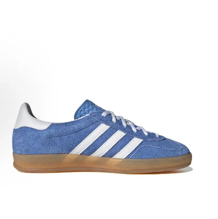 Adidas Gazelle Indoor sneakers, blue suede with white side stripes and laces