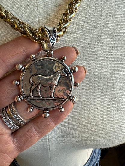 Horse coin medallion pendant necklace with round antiqued charm and bead-like ring accents