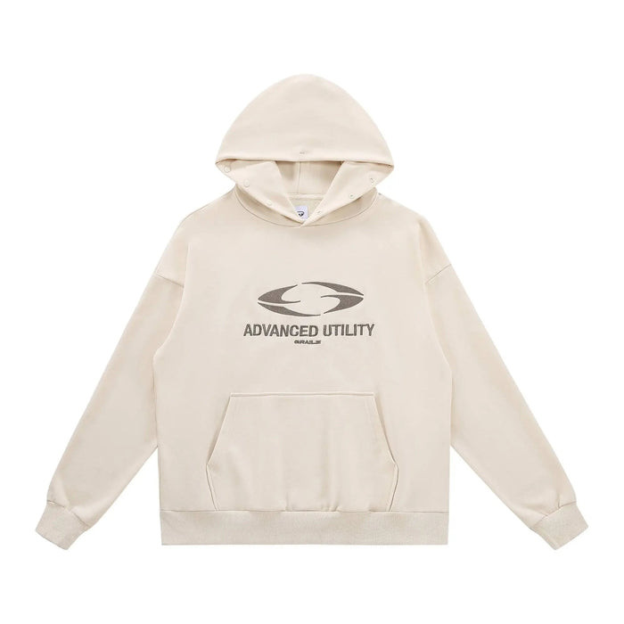 Beige pullover hoodie with hood, front kangaroo pocket, and Utility logo print