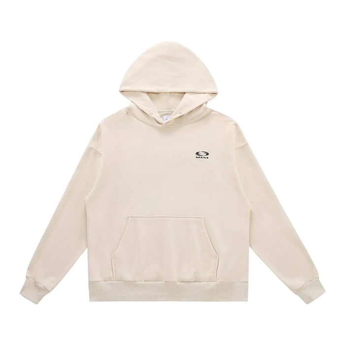 Beige pullover hoodie with hood, kangaroo pocket, and small chest logo.