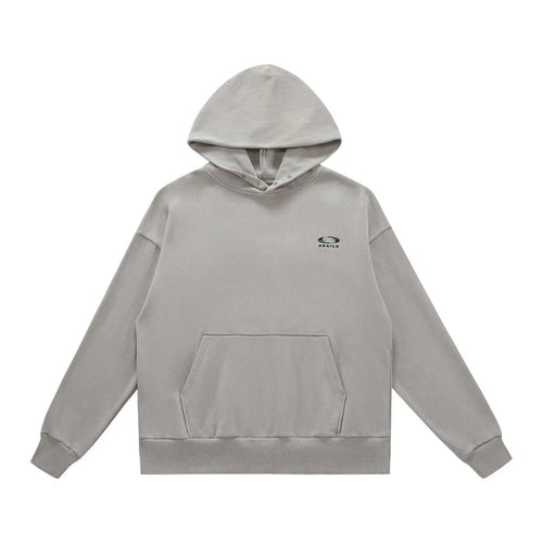 Grey pullover hoodie with kangaroo pocket and small chest logo.