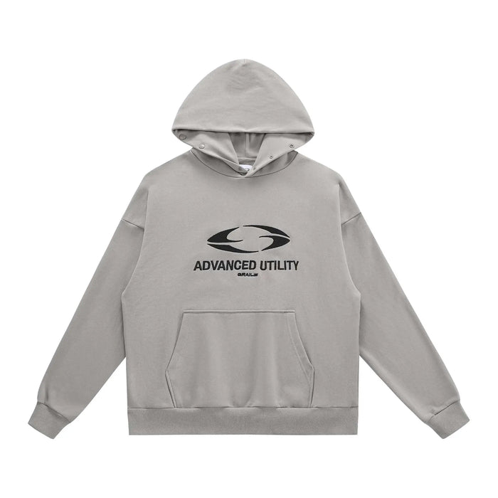 Gray hoodie with hood, chest logo, and front kangaroo pocket