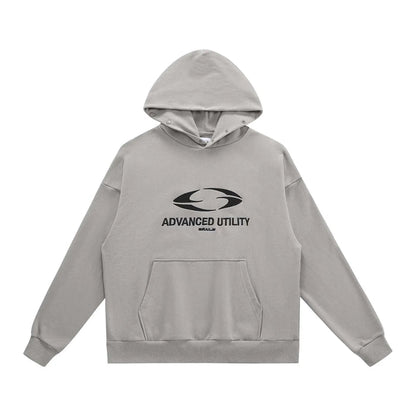 Gray hoodie with hood, chest logo, and front kangaroo pocket