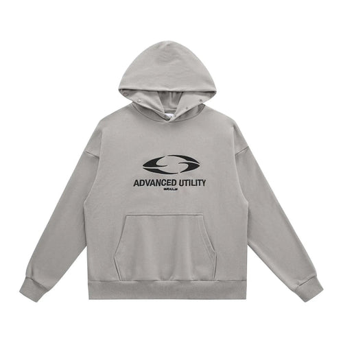 Gray hoodie with hood, chest logo, and front kangaroo pocket