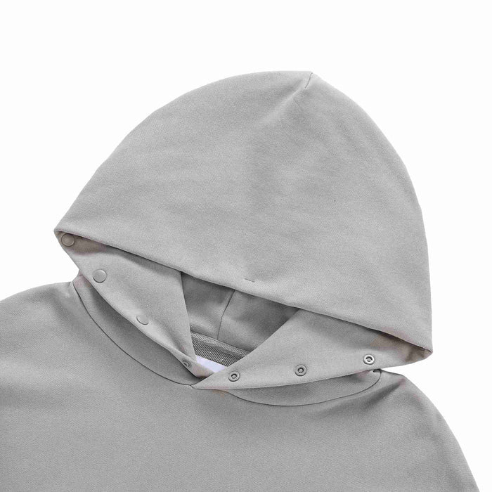 Gray pullover hoodie with hood and snap placket at neckline