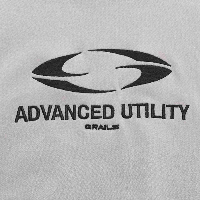 Gray hoodie chest graphic with 'ADVANCED UTILITY' logo text