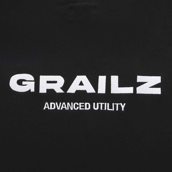 Black hoodie with white GRAILZ and ADVANCED UTILITY logo print