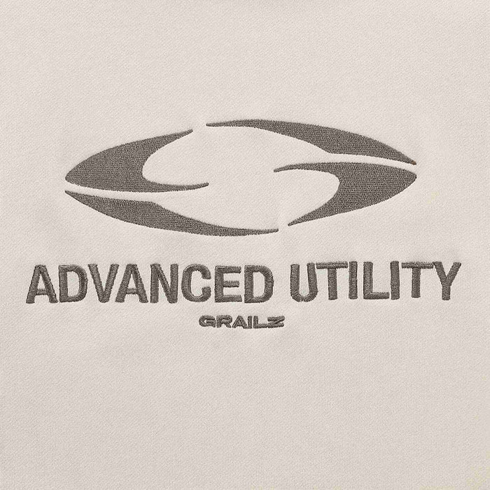 Beige hoodie chest logo: ADVANCED UTILITY with Grailz text under graphic