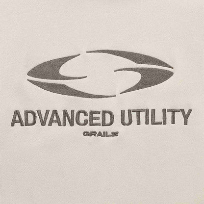 Beige hoodie chest logo: ADVANCED UTILITY with Grailz text under graphic