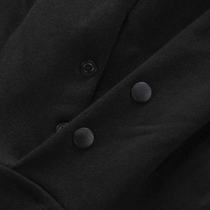 Black hoodie front placket with two snap buttons
