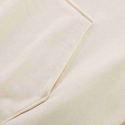 Beige hoodie fabric and sleeve seam detail with smooth knit surface.