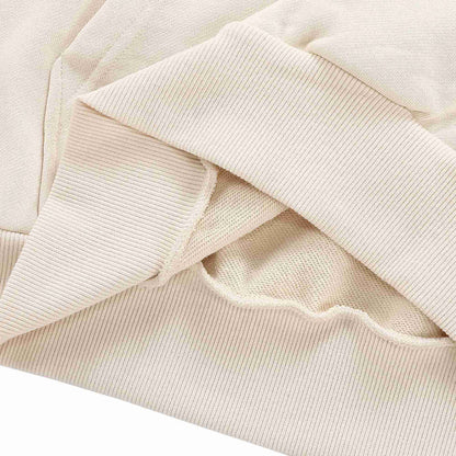 Beige hoodie ribbed knit cuffs and hem detail on sweatshirt fabric