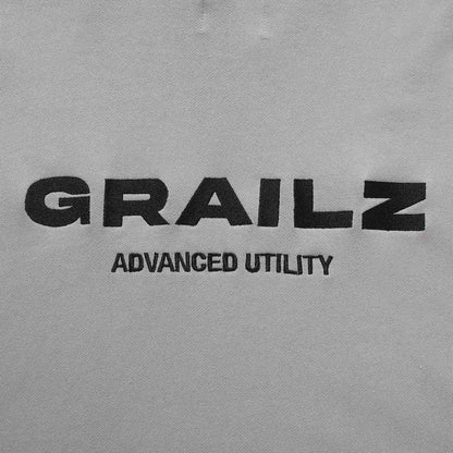 Grey hoodie chest graphic with "GRAILZ" and "ADVANCED UTILITY" text.