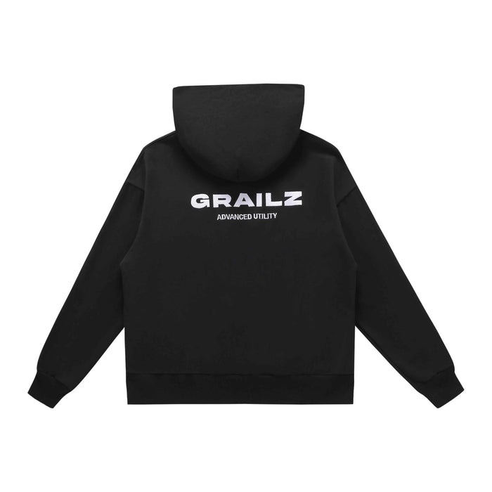 Black Grailz Essential hoodie with GRAILZ ADVANCED UTILITY logo on back